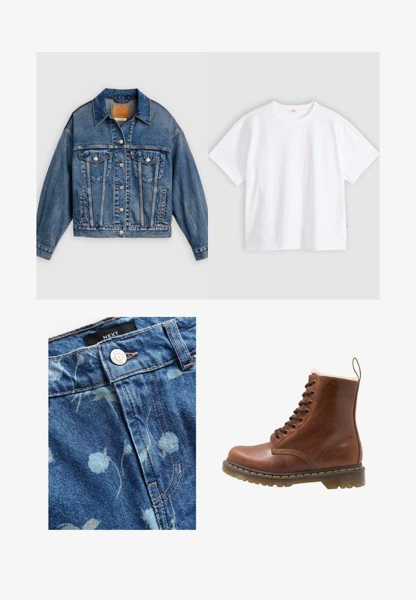 Blå denimjakke med knapper foran, to brystlommer med klap og knapper, sidelommer og en spids krave.; Hvid bomuld t-shirt med korte ærmer, rund hals, afslappet pasform, glat tekstur og en lille logolabel på venstre sidesøm.; Denimstof i lyseblå, prydet med blomsterprint. Inkluderer en sølvknaplukning og lysebrune syninger langs sømmene. Mærkets etiket er synlig.; Brun læder ankelstøvle med pelsfor, rund tå, snørebånd foran og gul syning langs sålen. Robust gummisål for godt greb.