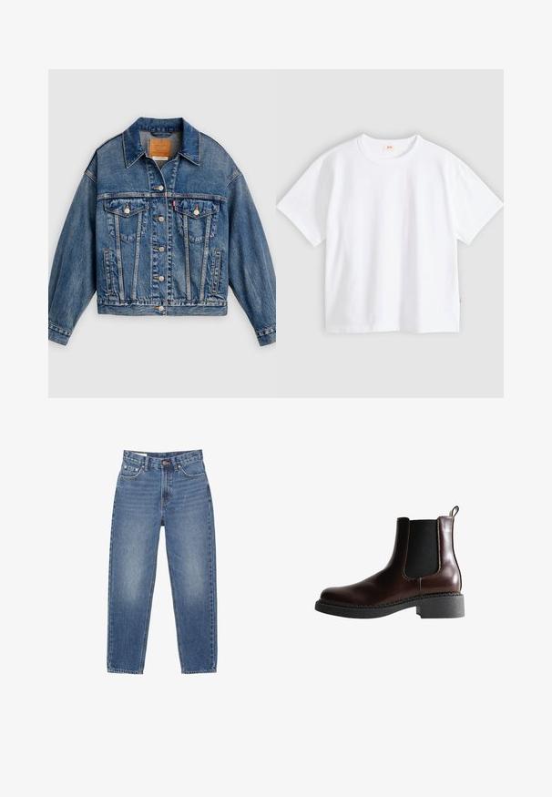 Blå denimjakke med knapper foran, to brystlommer med klap og knapper, sidelommer og en spids krave.; Hvid bomuld t-shirt med korte ærmer, rund hals, afslappet pasform, glat tekstur og en lille logolabel på venstre sidesøm.; Blå denimjeans med lige ben, fem-lomme stil og synlige syninger på hvid baggrund.; Brune læder ankelstøvle med elastiske sidepaneler, rund tå og en struktureret sort gummisål. Har kontrasterende syninger og en trækflap.