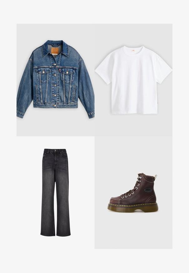 Blå denimjakke med knapper foran, to brystlommer med klap og knapper, sidelommer og en spids krave.; Hvid bomuld t-shirt med korte ærmer, rund hals, afslappet pasform, glat tekstur og en lille logolabel på venstre sidesøm.; Bredde ben sorte denim jeans med en glat tekstur, der har høj talje, forlommer og knaplukning.; Brun læder ankelstøvle med tekstureret overflade, sølv øjer og gul syning. Har en kraftig gennemsigtig sål og en trækstrop.