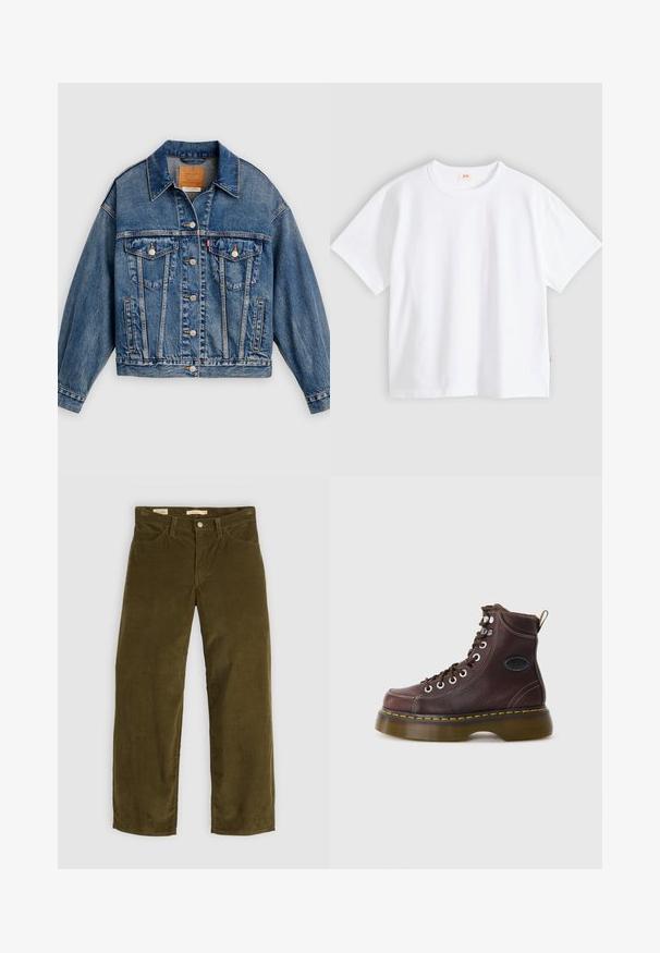 Veste en denim bleue avec fermeture à boutons, deux poches poitrine à rabat avec boutons, poches latérales et col pointu.; T-shirt en coton blanc à manches courtes, col rond, coupe décontractée, texture lisse, avec une petite étiquette logo sur la couture latérale gauche.; Pantalons en velours côtelé vert olive avec une coupe droite, dotés de poches avant et d'une fermeture à boutons, affichant une texture à côtes verticales.; Bottine en cuir marron avec une surface texturée, œillets en argent et couture jaune. Dispose d'une semelle épaisse translucide et d'une languette.