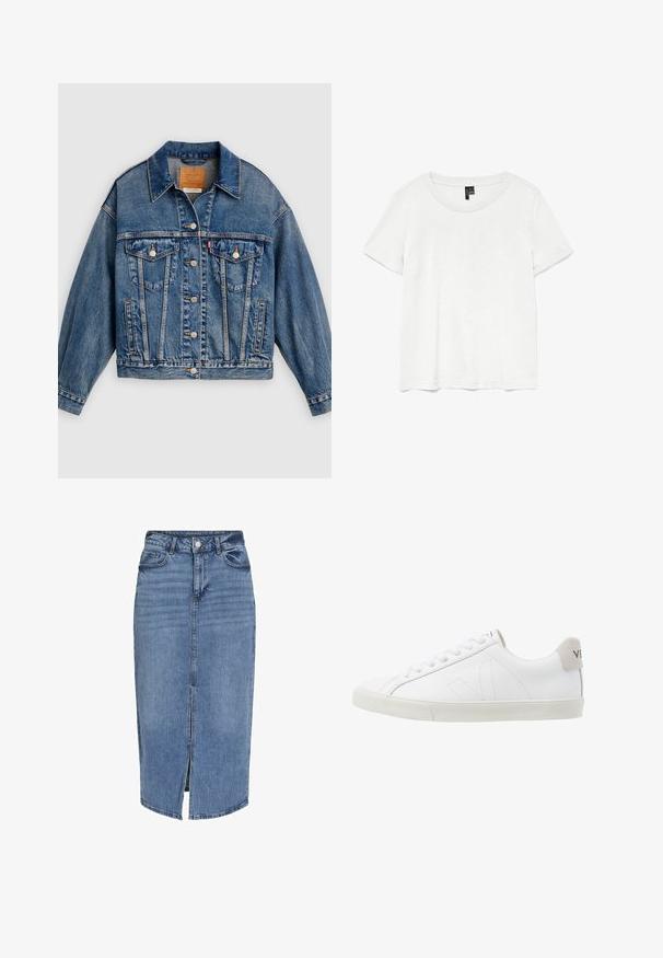 Blaue Jeansjacke mit Knopfleiste, zwei aufgesetzten Brusttaschen mit Knöpfen, Seitentaschen und spitzem Kragen.; Weißes T-Shirt mit kurzen Ärmeln und rundem Ausschnitt, hergestellt aus leichtem Stoff. Schlichtes Design, glatte Textur und gerader Saum.; Denim-Midikleid in Hellblau mit einem Schlitz vorne, fünf Taschen, Gürtelschlaufen und einem Knopfverschluss an der Taille. Klassische Passform und Textur.; Weiße Ledersneaker mit einer strukturierten, cremefarbenen Gummisohle. Zu den Merkmalen gehören Schnürsenkel, dezente Nähte und ein grauer Wildleder-Hackeneinsatz.