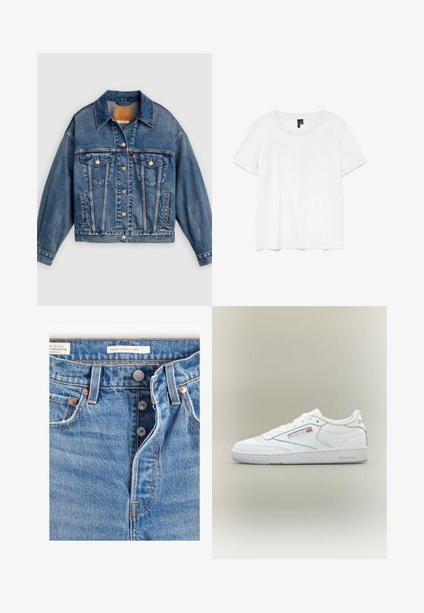 Chaqueta de mezclilla azul con cierre de botones al frente, dos bolsillos con solapa y botones en el pecho, bolsillos laterales y cuello puntiagudo.; Camiseta blanca de manga corta con un cuello redondo, hecha de tejido ligero. Diseño simple, textura suave y dobladillo recto.; Jeans de mezclilla azul claro con corte recto a la altura del tobillo. Incluye cinco bolsillos, dos botones de metal y costuras naranjas visibles. Etiquetas presentes.; Zapatilla blanca Reebok de corte bajo con detalles de costuras, perforaciones cerca de los dedos y logo de Reebok con una pequeña bandera del Reino Unido en el lateral.