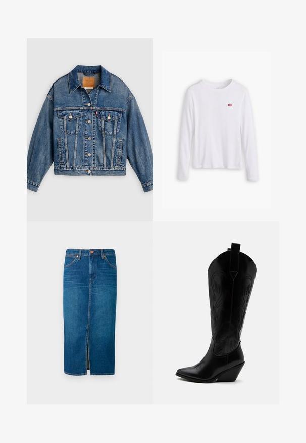 Blauwe spijkerjack met knoopsluiting aan de voorkant, twee borstflapzakken met knopen, zijzakken en een puntige kraag.; Witte lange mouwen shirt van zachte katoen. Bevat een klein rood Levi's logo op de linkerborst. Klassiek ronde hals ontwerp.; Denim midi-schoot in diepblauw met een voorknof, vijf zakken, oranje stiksels en een beveiligde tailleband met twee metalen knopen.; Zwarte leren cowboylaars met puntige neus, schuine blokhak, decoratieve stiksels en aantreklusjes bovenaan tegen een witte achtergrond.