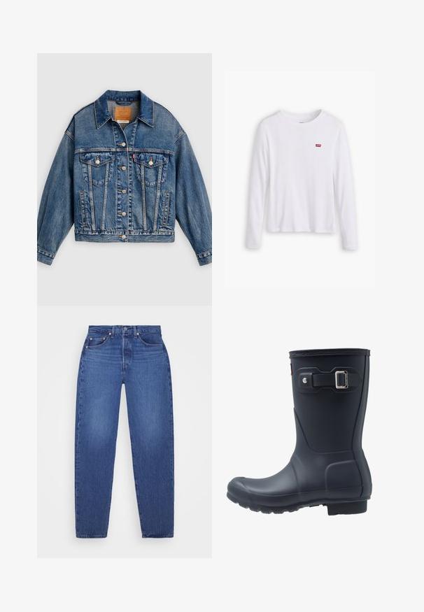 Blå denimjakke med knapper foran, to brystlommer med klap og knapper, sidelommer og en spids krave.; Hvid langærmet skjorte lavet af blødt bomuld. Har et lille rødt Levi's logo på venstre bryst. Klassisk crew neck design.; Blå denim jeans med lige ben, fem lommer, kobbernitter og en falmet tekstur. Klassisk talje med lynlåslukning.; Sort gummistøvle med rund tå, struktureret sål og justerbar remdetalje. Glat overflade med mat finish.