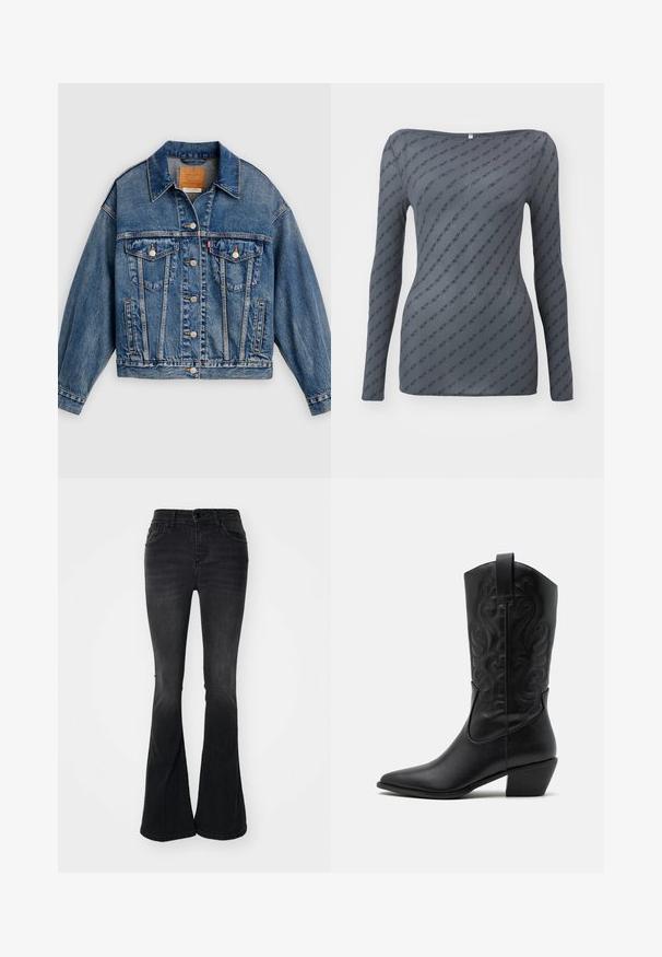 Blå denimjakke med knapper foran, to brystlommer med klap og knapper, sidelommer og en spids krave.; Grå langærmet bluse med en tætsiddende pasform, der har et gentagende logo-mønster og en bred halsudskæring, lavet af et glat, let stof.; Sorte bell-bottom jeans lavet af denim, med en høj talje, frontlommer, knaplukning og en ren finish ved kanten.; Sorte læder cowboystøvler med spids tå, præget svungen mønster og en mid-højde hæl. Har en trækflap for nemt at tage på.