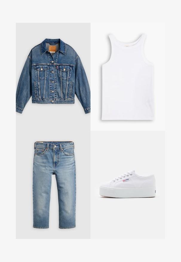 Blaue Jeansjacke mit Knopfleiste, zwei aufgesetzten Brusttaschen mit Knöpfen, Seitentaschen und spitzem Kragen.; Weißes Baumwoll-Tanktop mit breiten Schulterträgern, einem runden Halsausschnitt und einer glatten, gerippten Textur. Keine Muster oder Akzente vorhanden.; Hellblaue Jeans aus Denim mit lockerem Schnitt, verkürzter Länge, fünf Taschen und Metallknopfverschluss. Verblasste Textur mit dezenten Nähdetails.; Weiße Leinenschuhe mit einer dicken weißen Plattformsohle, runder Zehenpartie und Metallösen für die Schnürsenkel. Markenlogo an der Seite angebracht.