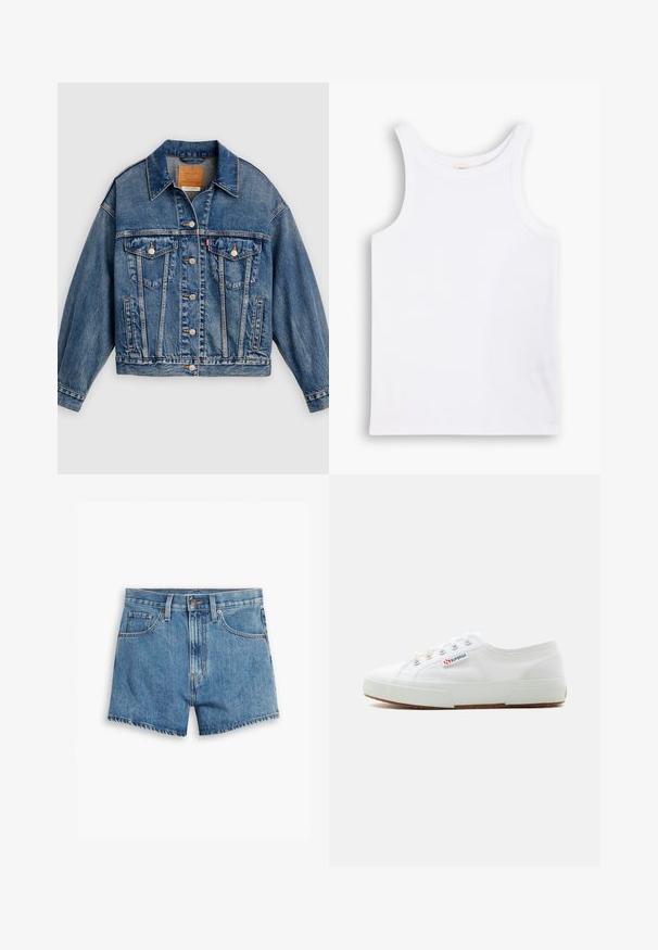 Blå denimjakke med knapper foran, to brystlommer med klap og knapper, sidelommer og en spids krave.; Hvid bomulds tanktop med brede skulderstropper, en rund halsudskæring og en glat, ribbet tekstur. Ingen mønstre eller detaljer til stede.; Denim shorts i lyseblå, med fem lommer, lynlås og knappelukning. Kanten er tattered med et afslappet fit design.; Hvid lavtop lærreds-sneaker med gummisål, metaløjer og mærket "Superga" på siden, vist fra ydersiden.