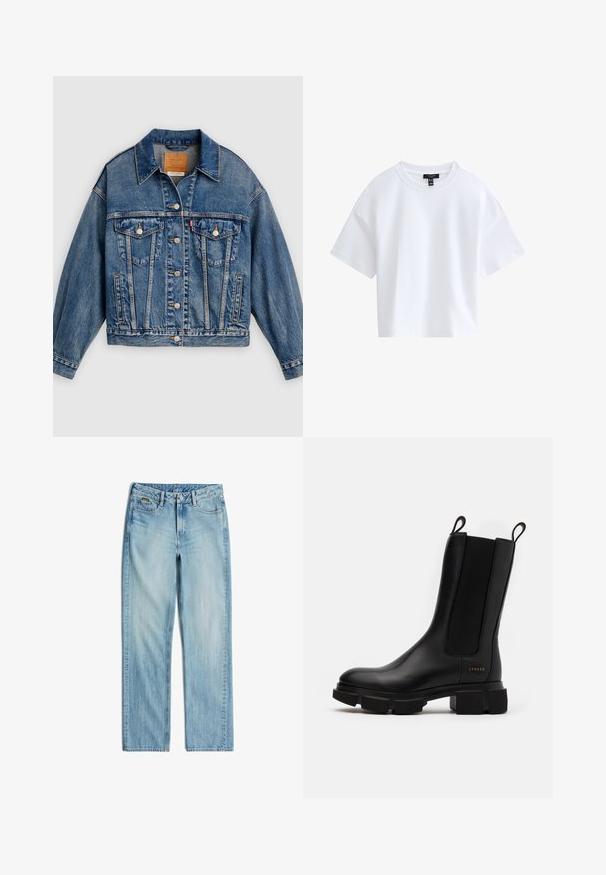 Blauwe spijkerjack met knoopsluiting aan de voorkant, twee borstflapzakken met knopen, zijzakken en een puntige kraag.; Effen witte cropped T-shirt met korte mouwen, een ronde hals en een zwart merkembleem aan de binnenkant van de kraag.; Lichtblauwe denim jeans met rechte pijpen, vooraan knoop- en ritsluiting, riemlussen en voor- en achterzakken.; Zwarte leren enkellaars met elastische zijpanelen, chunky rubberen zool en trekflappen. Bevat subtiele branding die op de zijkant is geperst.