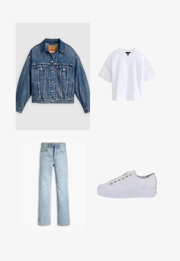 Chaqueta de mezclilla azul con cierre de botones al frente, dos bolsillos con solapa y botones en el pecho, bolsillos laterales y cuello puntiagudo.; Camiseta blanca sencilla de manga corta y corte cropped con escote redondo y etiqueta negra de la marca dentro del cuello.; Vaqueros de denim azul claro con un diseño de pierna recta, estilo de cinco bolsillos, botones de metal y una textura ligeramente desgastada en la tela.; Zapatillas de cuero blanco con una textura suave, punta redonda y suela blanca elevada. Presentan ojales plateados y cordones planos.