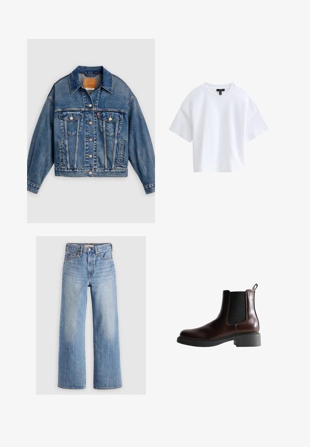 Blaue Jeansjacke mit Knopfleiste, zwei aufgesetzten Brusttaschen mit Knöpfen, Seitentaschen und spitzem Kragen.; Schlichtes weißes kurzärmeliges Cropped-T-Shirt mit rundem Ausschnitt und schwarzem Markenlabel innen im Kragen.; Helleblaue Jeans mit weitem Bein und hoher Taille, mit ausgewaschenen Stellen, fünf Taschen und Kontrastnähten. Klassische Knopf- und Reißverschlussöffnung.; Braune Leder-Boots mit elastischen Seitenteilen, runder Spitze und einer strukturierten schwarzen Gummisohle. Verfügt über kontrastierende Nähte und eine Ziehlasche.