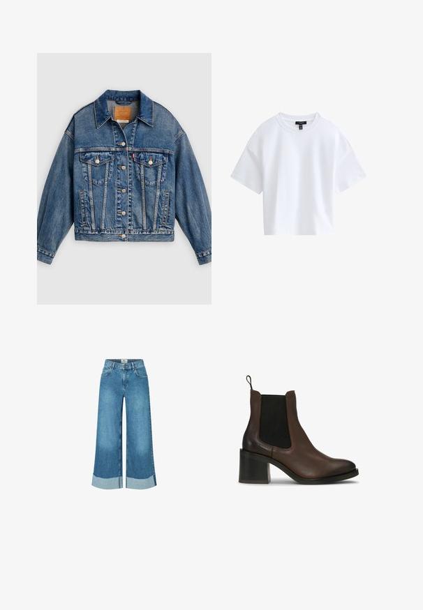 Blaue Jeansjacke mit Knopfleiste, zwei aufgesetzten Brusttaschen mit Knöpfen, Seitentaschen und spitzem Kragen.; Schlichtes weißes kurzärmeliges Cropped-T-Shirt mit rundem Ausschnitt und schwarzem Markenlabel innen im Kragen.; Weite Denim-Jeans in Hellblau mit rohem Saum und ausgefransten Manschetten. Klassisches Fünf-Taschen-Design mit einem Frontknopfverschluss.; Braune Leder-Stiefeletten mit elastischen Seitenteilen, einem Blockabsatz, glatter Textur und einer Zuglasche für einfaches An- und Ausziehen.