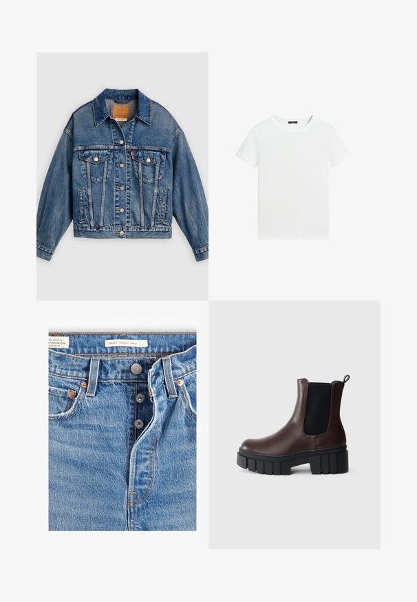 Blauwe spijkerjack met knoopsluiting aan de voorkant, twee borstflapzakken met knopen, zijzakken en een puntige kraag.; Effen wit T-shirt met korte mouwen, een ronde hals en een klein zwart labeltje aan de binnenkant van de kraag.; Lichtblauwe spijkerbroek met een rechte enkelafwerking. Bevat vijf zakken, twee metalen knopen en zichtbare oranje stiksels. Labels aanwezig.; Bruine leren enkellaarzen met elastische zijpanelen, gestructureerde zwarte zool en een stevige hak. Voorzien van een treklus aan de achterkant voor gemakkelijk aan- en uittrekken.