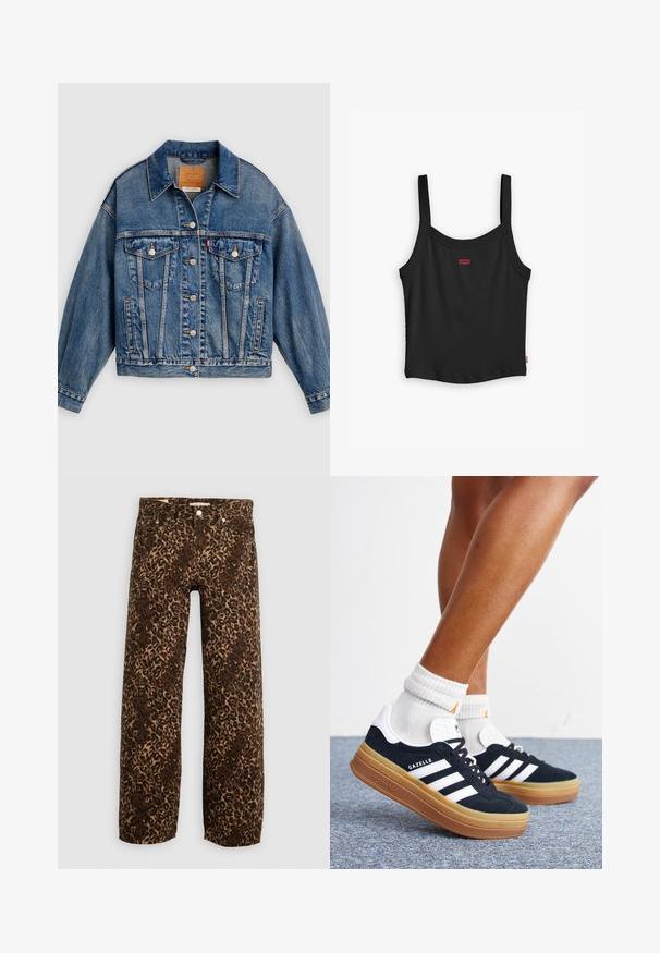 Blaue Jeansjacke mit Knopfleiste, zwei aufgesetzten Brusttaschen mit Knöpfen, Seitentaschen und spitzem Kragen.; Schwarzes geripptes Tanktop mit dünnen Trägern, das ein kleines rotes Levi's-Logo an der Vorderseite und einen geraden Saum aufweist.; Leopardenmusterweite Beinhosen in Braun und Beige. Hergestellt aus Denim, mit einem klassischen Fünf-Taschen-Design und Metallbeschlägen.; Beine mit weißen Socken und schwarzen Adidas Gazelle Sneakers mit weißen Streifen und dicken braunen Sohlen auf einem grauen Teppichboden.
