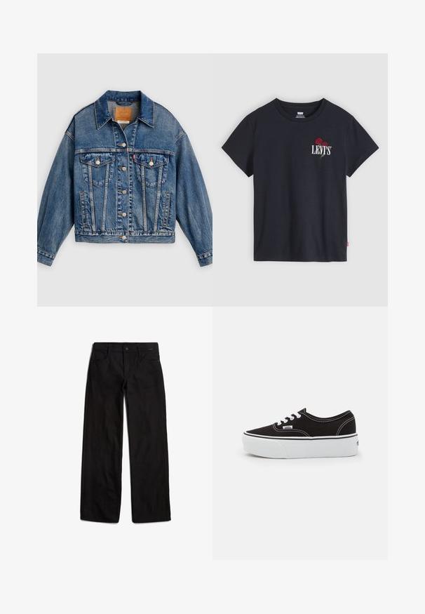 Blauwe spijkerjack met knoopsluiting aan de voorkant, twee borstflapzakken met knopen, zijzakken en een puntige kraag.; Zwarte T-shirt met korte mouwen en een ronde hals, met witte tekst ""LEVI'S"" en twee rode rozen geborduurd op de linkerborst.; Zwarte denim broek met een rechte pijp, voor sluiting met knoop en een ontwerp met vijf zakken. Soepele textuur en minimale stikseldetails.; Zwarte canvas sneaker met een witte rubberen platformzool, voorzien van witte veters en stiksels, iconische branding op de zijkant, low-top ontwerp.