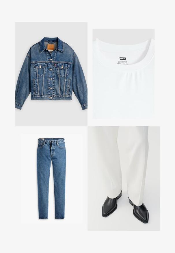 Blaue Jeansjacke mit Knopfleiste, zwei aufgesetzten Brusttaschen mit Knöpfen, Seitentaschen und spitzem Kragen.; Weißes T-Shirt mit Rundhalsausschnitt und Levi's Markenlabel, das innen am Kragen eingenäht ist, hergestellt in Bangladesch.; Hellblaue Denim-Jeans mit geradem Schnitt, fünf Taschen und klassischem Knopfverschluss. Mit orangefarbenen Nähten und einer leicht verwaschenen Textur.; Schwarze spitz zulaufende Stiefeletten aus glattem Leder mit flachen Blockabsätzen, kombiniert mit weißen, weiten Hosen. Schlichtes und modernes Design.