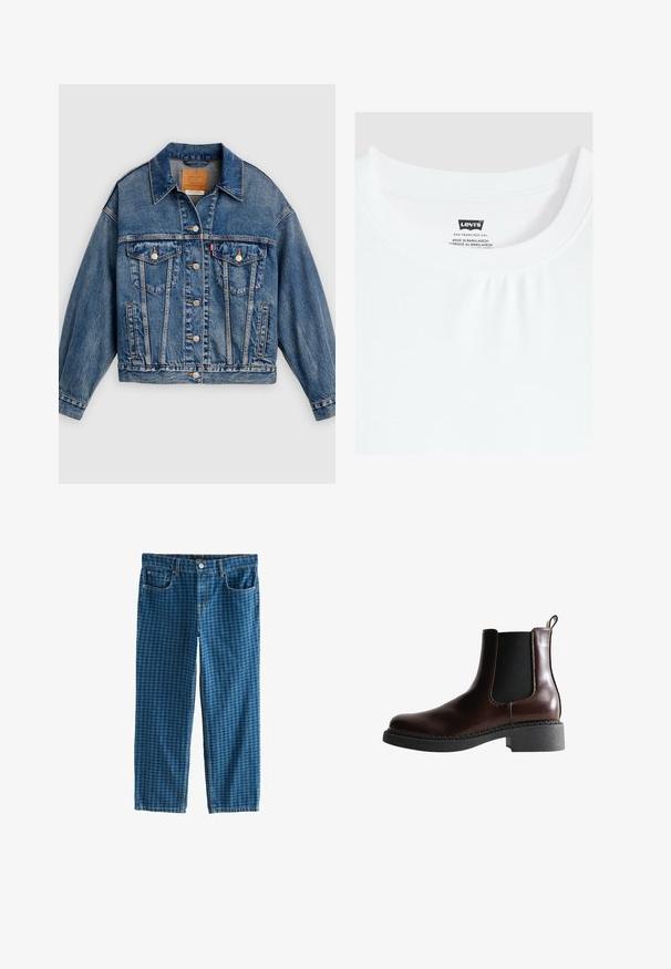 Blå denimjakke med knapper foran, to brystlommer med klap og knapper, sidelommer og en spids krave.; Hvid t-shirt med rund hals og Levi's mærke syet ind i kraven, lavet i Bangladesh.; Blå denim jeans med et ternet mønster. Har fem lommer, lynlås og en standard bæltestrop. Løs pasform, lige ben.; Brune læder ankelstøvle med elastiske sidepaneler, rund tå og en struktureret sort gummisål. Har kontrasterende syninger og en trækflap.