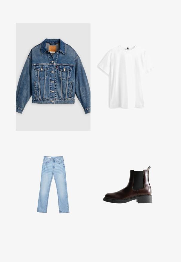 Blå denimjakke med knapper foran, to brystlommer med klap og knapper, sidelommer og en spids krave.; Hvid bomulds t-shirt med korte ærmer, rund hals og en let løs pasform. Enkelt design, ingen mønstre eller yderligere accenter.; Lyseblå denimjeans med lige pasform, fem-lomme-design og synlig syning. Mellem-høj talje med klassisk knap- og lynlåslukning.; Brune læder ankelstøvle med elastiske sidepaneler, rund tå og en struktureret sort gummisål. Har kontrasterende syninger og en trækflap.