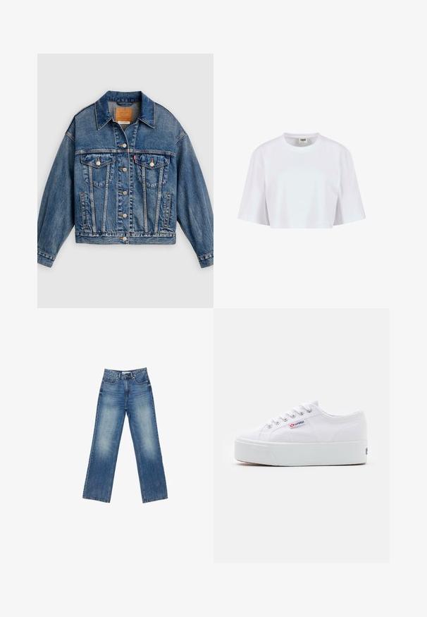 Blaue Jeansjacke mit Knopfleiste, zwei aufgesetzten Brusttaschen mit Knöpfen, Seitentaschen und spitzem Kragen.; Weiße, gekürzte T-Shirt aus weicher Baumwolle. Mit Rundhalsausschnitt und kurzen Ärmeln in lockerer Passform, ohne sichtbare Muster oder Beschläge.; Helle Denim-Hosen mit weitem Bein und einem verwaschenen Finish, fünf Taschen, sichtbaren Nähten, Knopf- und Reißverschluss sowie geradem Schnitt.; Weiße Leinenschuhe mit einer dicken weißen Plattformsohle, runder Zehenpartie und Metallösen für die Schnürsenkel. Markenlogo an der Seite angebracht.