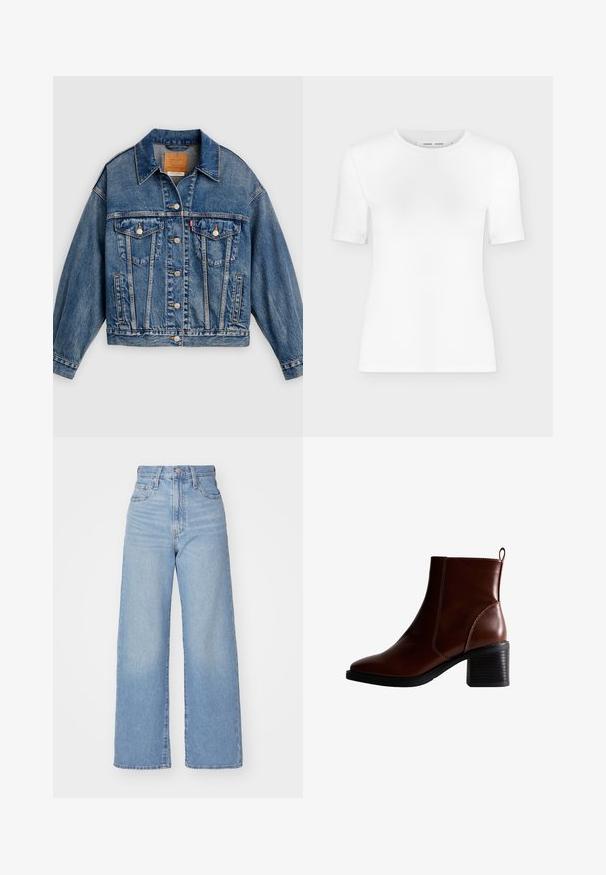 Blauwe spijkerjack met knoopsluiting aan de voorkant, twee borstflapzakken met knopen, zijzakken en een puntige kraag.; Wit T-shirt met korte mouwen en een ronde hals, een slanke pasvorm en geribbelde stof, weergegeven op een effen lichtgrijze achtergrond.; Lichtblauwe high-waist wijde jeans met een knoop- en ritssluiting aan de voorkant, voor- en achterzakken, op een witte achtergrond.; Bruin lederen enkellaars met een vierkante neus en zijnaad, een gestapelde hak van 7,5 cm en een lus aan de achterkant voor gemakkelijk aan- en uittrekken.