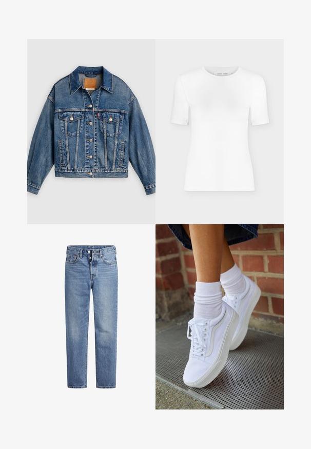 Blå denimjakke med knapper foran, to brystlommer med klap og knapper, sidelommer og en spids krave.; Hvid T-shirt med rund hals, korte ærmer, slank pasform og ribbet stofstruktur, vist på en ensfarvet lys grå baggrund.; Lyseblå denimjeans med lige pasform, fem-lomme-design og knaplukning. Har subtile falmede detaljer og orange søm.; Hvide lærreds sneakers med gummisåler, der har seks snørehuller, rund tå og let sømdetaljer, krydret med hvide ankelstrømper.