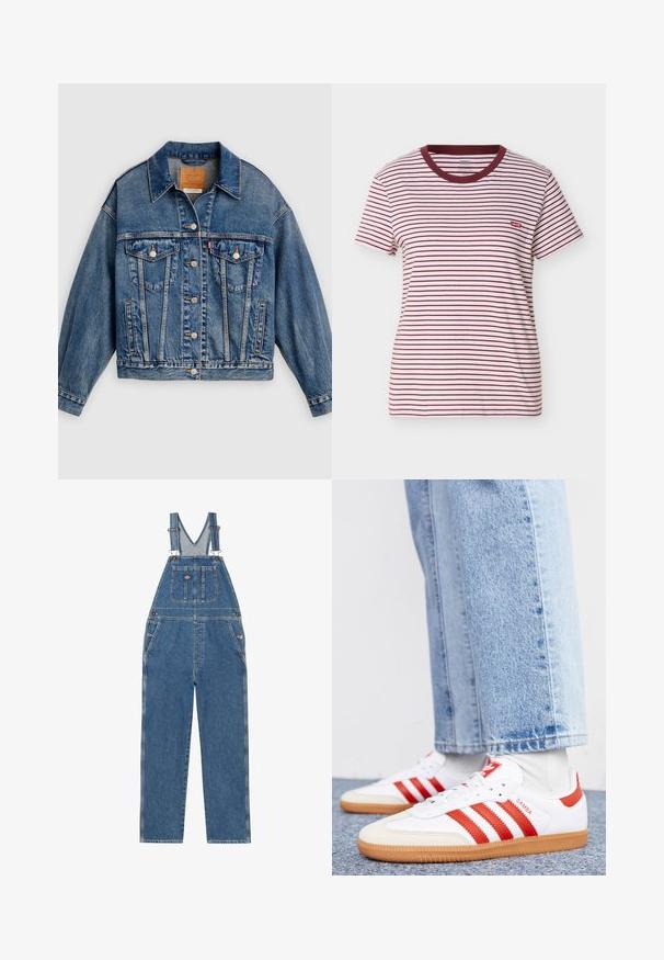 Blauwe spijkerjack met knoopsluiting aan de voorkant, twee borstflapzakken met knopen, zijzakken en een puntige kraag.; T-shirt met korte mouwen en ronde hals, voorzien van horizontale witte en donkerrode strepen en een klein rood Levi's-logo op de linkerborst.; Denim tuinbroek met verstelbare schouderbanden, V-vormige bies, voorzak en zijzakken. Heeft een klassieke blauwe kleur en contrasterende stiksels.; Witte leren sneakers met rode strepen en accenten. Voorzien van een getextureerde gumrubberen outsole en een gevoerde kraag. Draag ze met lichtblauwe denim.