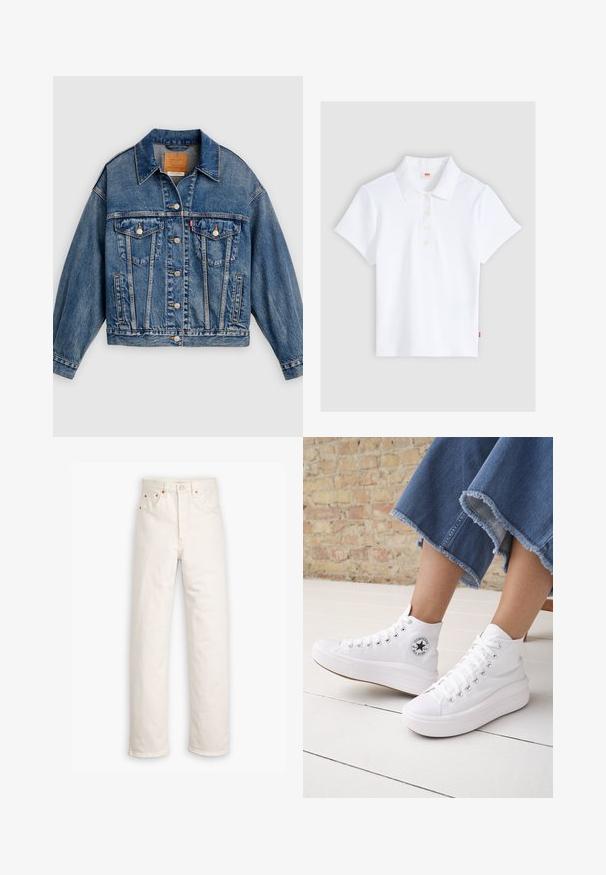 Veste en denim bleue avec fermeture à boutons, deux poches poitrine à rabat avec boutons, poches latérales et col pointu.; Polo blanc à manches courtes en maille côtelée avec col et quatre boutons, étalé à plat sur un fond gris clair.; Jeans en denim blanc avec un design à jambe droite, style cinq poches et accents en métal cuivré. Finition effilochée au niveau des chevilles.; Personne portant des baskets Converse blanches montantes avec des semelles épaisses et un jean bleu court à ourlet effiloché, contre un mur en briques et un sol blanc.