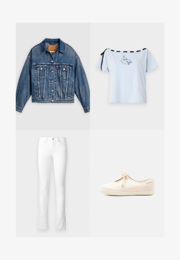 Blaue Jeansjacke mit Knopfleiste, zwei aufgesetzten Brusttaschen mit Knöpfen, Seitentaschen und spitzem Kragen.; Helles blaues T-Shirt mit kurzen Ärmeln und schulterfreiem Design, schwarzen Satinband-Akzenten und gesticktem "Summer 98"-Grafik. Weiches Baumwollmaterial.; Weiße Denim-Jeans mit slim-fit, fünf Taschen, Reißverschluss und dezenten Nahtdetails. Glatte Textur; keine sichtbaren Muster.; Hellbeiger Leinenschuh mit flacher Sohle, abgerundetem Zehenbereich, einer Schleife an der Oberseite und weißer Gummisohle, von der Seite auf einem einfarbigen Hintergrund gezeigt.