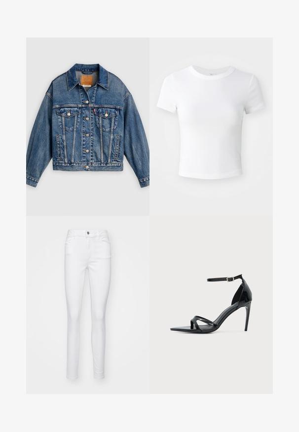 Veste en denim bleue avec fermeture à boutons, deux poches poitrine à rabat avec boutons, poches latérales et col pointu.; T-shirt courte à manches courtes, blanche, avec un col rond, présentée sur un fond neutre et lumineux.; Jean skinny blanc en denim, avec une fermeture à bouton sur le devant, cinq poches et une texture lisse sur l'ensemble du tissu.; Sandale à talon haut en cuir verni noir avec fine bride à la cheville, bout ouvert et design minimaliste sur fond clair uni.