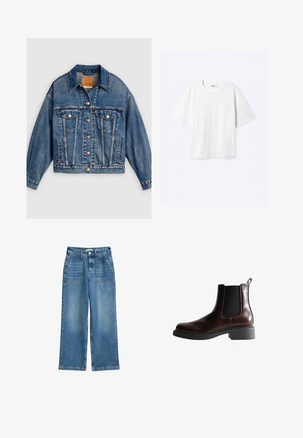 Blauwe spijkerjack met knoopsluiting aan de voorkant, twee borstflapzakken met knopen, zijzakken en een puntige kraag.; Witte T-shirt met korte mouwen en een ronde hals met rechte zoom, met een "WEEKDAY" merklabel aan de binnenkant van de hals.; Hoge taille wijde spijkerbroek in blauw denim, met voorzakken, riemlussen en een sluiting met knoop en rits aan de voorkant.; Bruine leren enkelboot met elastische zijpanelen, ronde neus en een gestructureerde zwarte rubberen zool. Heeft contrasterende stiksels en een lusje aan de achterkant.