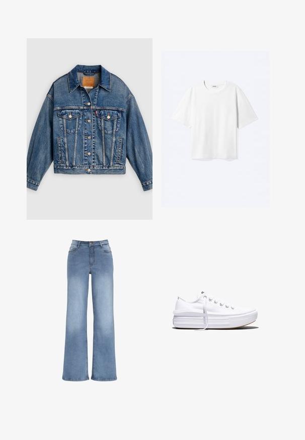 Blaue Jeansjacke mit Knopfleiste, zwei aufgesetzten Brusttaschen mit Knöpfen, Seitentaschen und spitzem Kragen.; Weißes T-Shirt mit kurzen Ärmeln und Rundhalsausschnitt mit geradem Saum, innen mit gebrandetem "WEEKDAY"-Label am Kragen.; Hellblaue weit geschnittene Jeans aus Denim. Verfügt über einen Knopfverschluss, fünf Taschen und Akzente durch Sticherei. Glatte Textur mit leichter Ausbleichung.; Weißer Canvas-Sneaker mit niedrigem Schnitt, dicker Plateau-Sohle, vorderer Schnürung und rauer Gummikappe an der Spitze, aus seitlicher Ansicht gezeigt.