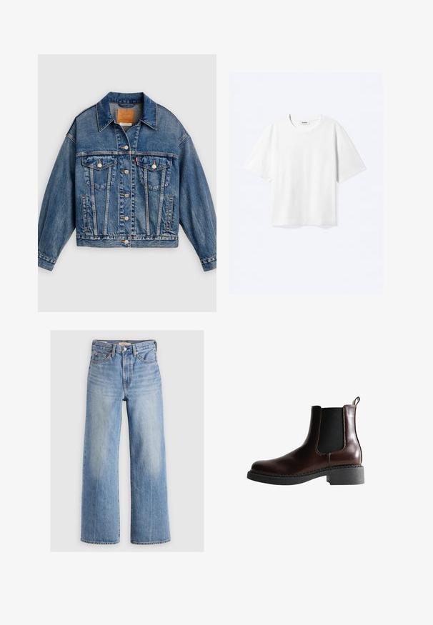 Blaue Jeansjacke mit Knopfleiste, zwei aufgesetzten Brusttaschen mit Knöpfen, Seitentaschen und spitzem Kragen.; Weißes T-Shirt mit kurzen Ärmeln und Rundhalsausschnitt mit geradem Saum, innen mit gebrandetem "WEEKDAY"-Label am Kragen.; Helleblaue Jeans mit weitem Bein und hoher Taille, mit ausgewaschenen Stellen, fünf Taschen und Kontrastnähten. Klassische Knopf- und Reißverschlussöffnung.; Braune Leder-Boots mit elastischen Seitenteilen, runder Spitze und einer strukturierten schwarzen Gummisohle. Verfügt über kontrastierende Nähte und eine Ziehlasche.