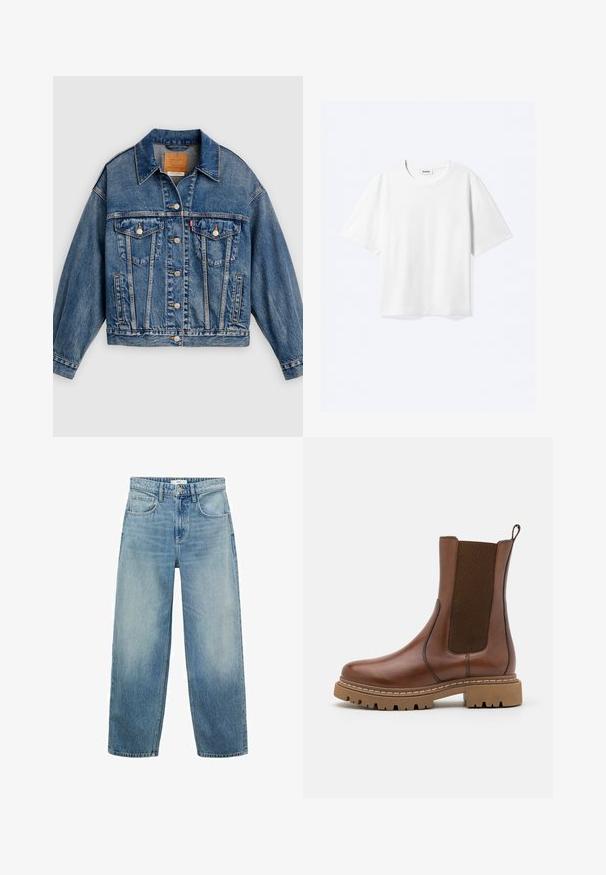 Blaue Jeansjacke mit Knopfleiste, zwei aufgesetzten Brusttaschen mit Knöpfen, Seitentaschen und spitzem Kragen.; Weißes T-Shirt mit kurzen Ärmeln und Rundhalsausschnitt mit geradem Saum, innen mit gebrandetem "WEEKDAY"-Label am Kragen.; Helle blaue Denim-Jeans im weiten Schnitt mit hoher Taille, fünf Taschen und einem Knopfverschluss. Ausgebleichtes Muster am unteren Ende.; Braune Leder-Ankle-Boots mit elastischen Einsätzen und einem Ziehschlaufe. Sie verfügen über eine robuste Gummisohle und sichtbare Nahtdetails entlang der Kanten.