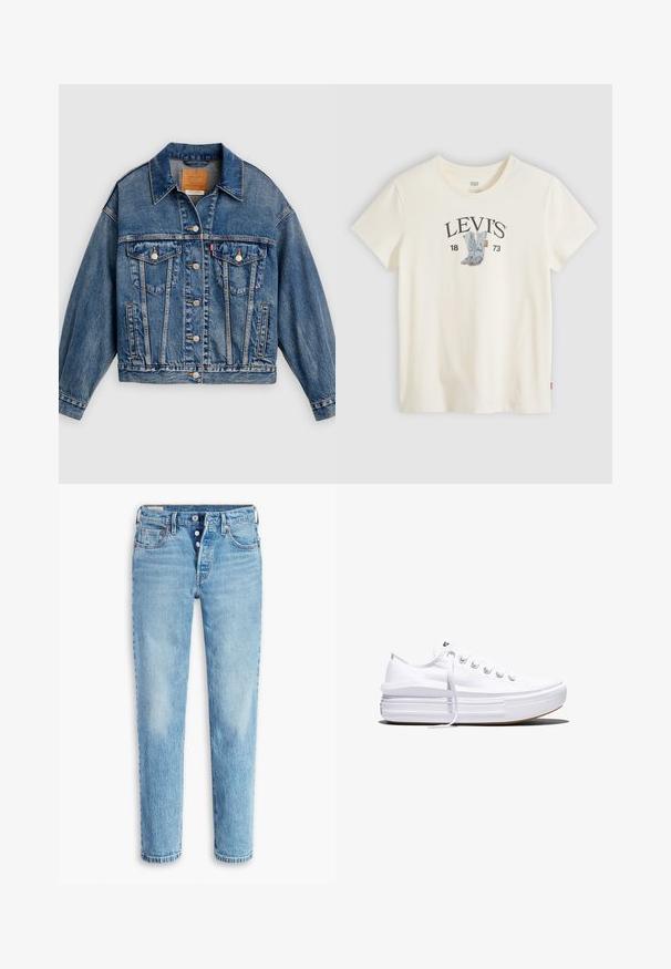 Sinine teksajakk, millel ees nööbid, kaks rinnataskut klappidega ja nööpidega, küljetaskud ning terava kraega.; Valge lühikeste varrukatega Levi's T-särk siniste kauboisaabaste ja "LEVI'S 1873" trükiga rinnal.; Heleheles sinine teksapüksid otse lõikega, viie-tasku stiiliga ja nööbiga sulgemine. Omab pleekinud alasid ja hõõrdumisi tekstuuri jaoks.; Valge madala lõikega lõuendijalanõu, millel on paks platvormpõhi, ees nöörimine ja kummist tekstuuriga varbakate, kujutatud külgvaates.