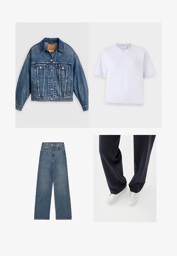 Blå denimjakke med knapper foran, to brystlommer med klap og knapper, sidelommer og en spids krave.; Hvid bomulds t-shirt med en afslappet pasform, korte ærmer, rund hals og ingen synlige mønstre eller udsmykninger. Glat struktur.; Højtaljede, bredbenede jeans i mellemblå denim. Har fem lommer, en frontknaplukning og kontrasterende syninger.; Hvide sneakers med teksturerede gummisåler og flade snørebånd, kombineret med mørkeblå bukser i løs, glat stof og skræddersyet pasform.