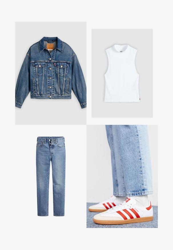 Veste en denim bleue avec fermeture à boutons, deux poches poitrine à rabat avec boutons, poches latérales et col pointu.; Top blanc sans manches en coton avec col rond haut et petite étiquette Levi's sur le côté, présenté sur un fond gris clair.; Jeans en denim bleu clair avec une coupe droite, un design à cinq poches et un bouton pression. Présentent une légère décoloration et des coutures orange en accent.; Baskets en cuir blanc avec des rayures et des accents rouges. Dotées d'une semelle extérieure en gomme texturée et d'un col rembourré. Portées avec un jean en denim bleu clair.