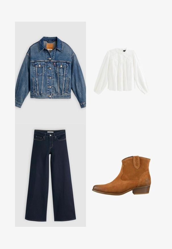 Blauwe spijkerjack met knoopsluiting aan de voorkant, twee borstflapzakken met knopen, zijzakken en een puntige kraag.; Witte blouse met lange mouwen en een hoge halslijn, gemaakt van een gestructureerde stof, met borduurwerk en geplooide pofmouwen. Sluiting met knopen aan de achterkant.; Brede jeans in donkerdenim met oranje stiksels, knoopsluiting, twee voorzakken en een soepele textuur. Kenmerkt zich door een nette zoom.; Lichtbruine suède enkellaarzen met een puntige neus, decoratieve stiksels en een lage blokhak. Beschikt over een trekflap met een zigzagrand.