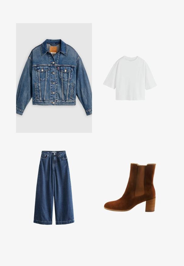 Veste en denim bleue avec fermeture à boutons, deux poches poitrine à rabat avec boutons, poches latérales et col pointu.; T-shirt écru oversize à manches courtes, col rond et coupe ample.; Jeans en denim bleu foncé à jambes larges avec une taille haute, cinq poches et des détails de couture visibles. Fabriqué en coton, offrant une apparence texturée.; Boots en daim marron à hauteur de cheville, avec un bout rond, des panneaux latéraux élastiques et un talon bloc avec une texture en bois.