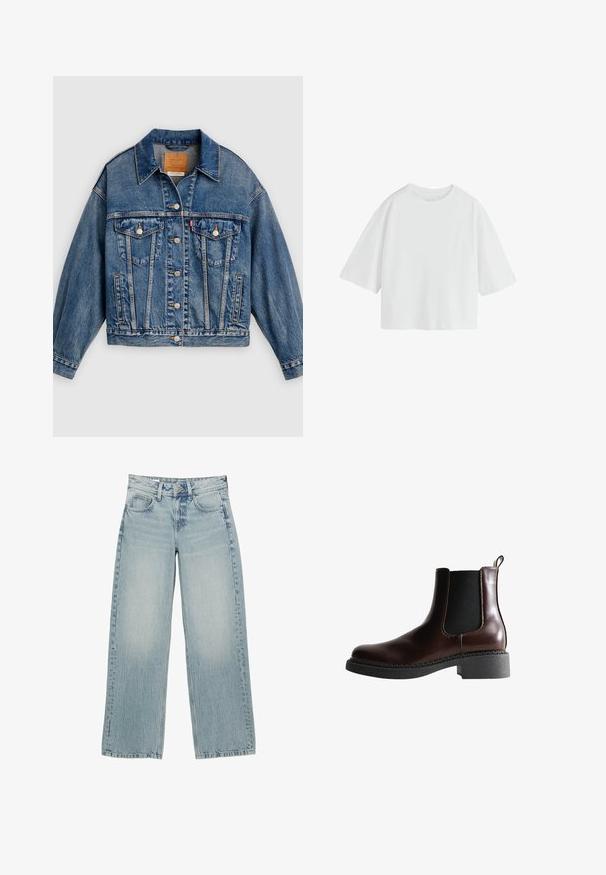 Blå denimjakke med knapper foran, to brystlommer med klap og knapper, sidelommer og en spids krave.; Simpel hvid oversized T-shirt med korte ærmer, rund hals og løs pasform.; Lysblå denim bredbukser med høj talje, der har fem lommer, knaplukning og subtile falmninger for en slidt effekt.; Brune læder ankelstøvle med elastiske sidepaneler, rund tå og en struktureret sort gummisål. Har kontrasterende syninger og en trækflap.