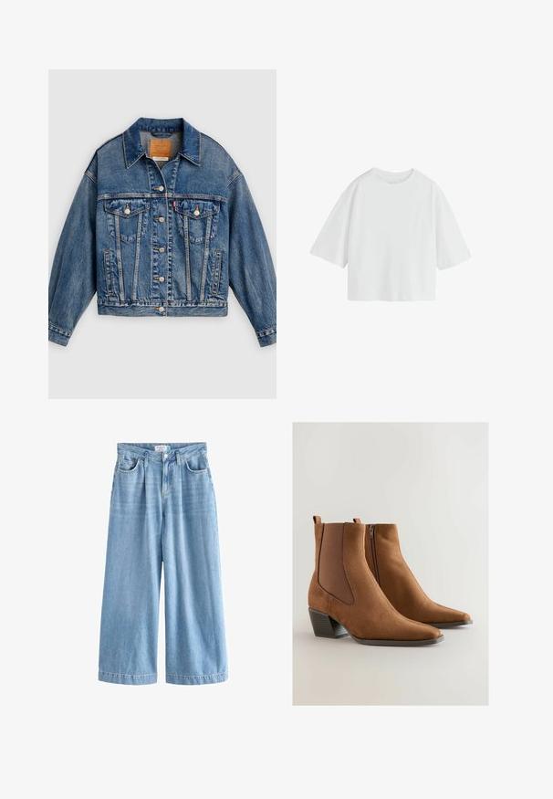 Blå denimjakke med knapper foran, to brystlommer med klap og knapper, sidelommer og en spids krave.; Simpel hvid oversized T-shirt med korte ærmer, rund hals og løs pasform.; Lyseblå denim palazzo jeans med brede ben, der har høj talje, frontlommer og knaplukning. Diskret falmet tekstur.; Brune ruskind ankelstøvler med spids tå, elastiske sidestykker og en lav stablet hæl. Har en lynlås på den ene side.