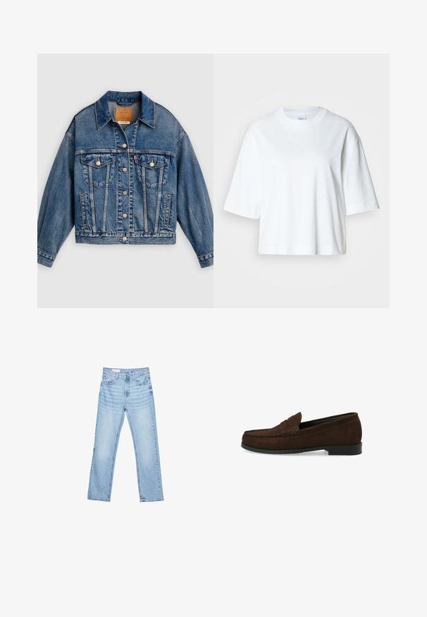 Veste en denim bleue avec fermeture à boutons, deux poches poitrine à rabat avec boutons, poches latérales et col pointu.; T-shirt blanc court à manches courtes, col rond, en coton doux, avec un design simple et épuré.; Jeans en denim bleu clair avec une coupe droite, un design à cinq poches et des coutures visibles. Taille mi-haute avec une fermeture classique à bouton et zip.; Mocassins en suède marron avec un bout cousu en mocassin, semelle plate en caoutchouc noir et une sangle décorative ainsi que des détails.