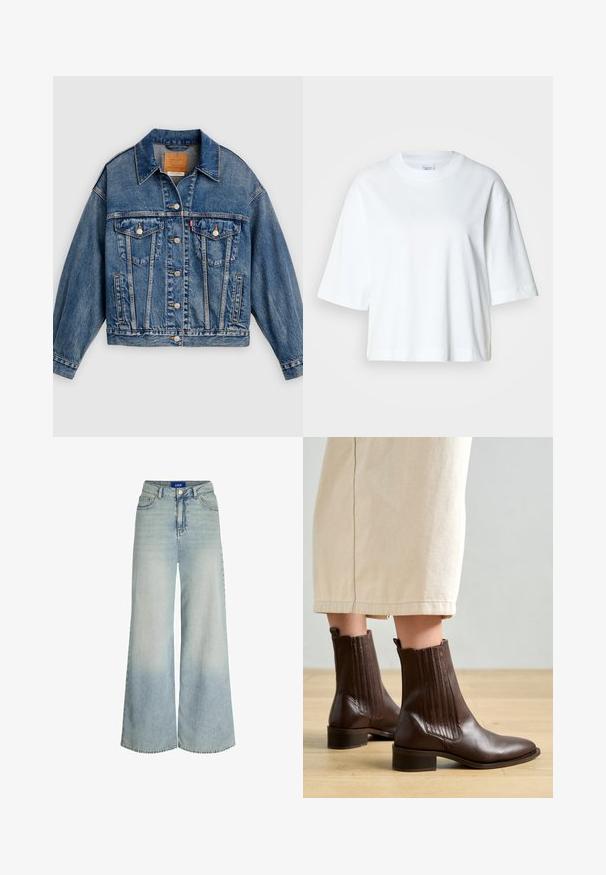 Blauwe spijkerjack met knoopsluiting aan de voorkant, twee borstflapzakken met knopen, zijzakken en een puntige kraag.; Witte cropped t-shirt met korte mouwen, ronde hals, gemaakt van zacht katoen, met een eenvoudig en strak ontwerp.; Wijduitlopende jeans van lichtblauwe denim, met een hoge taille, vijf zakken en subtiele vervaging in de stofstructuur.; Pavement SHANI - Lage laarzen - brown