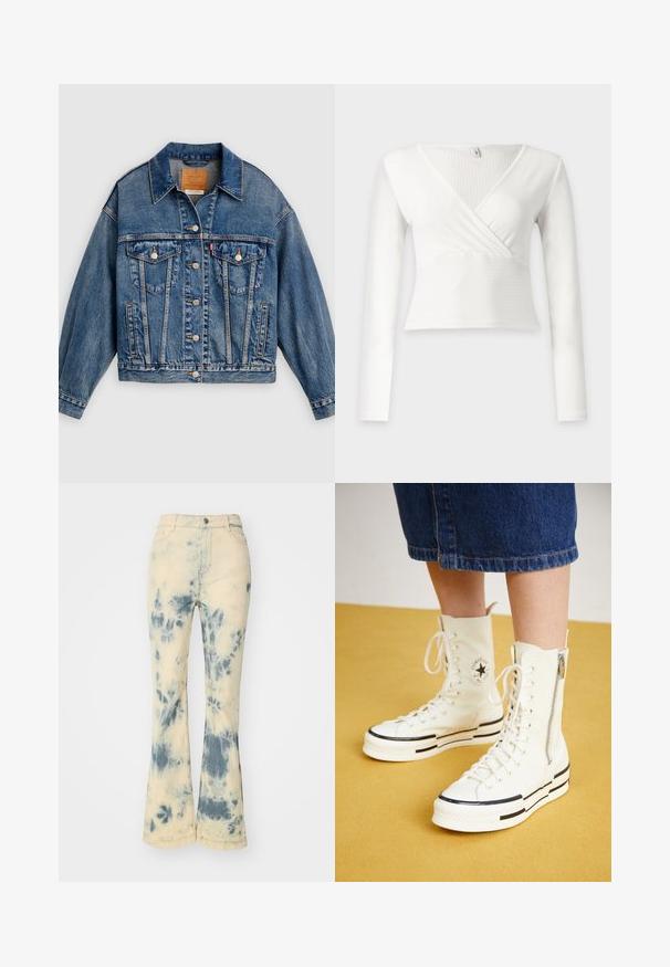 Veste en denim bleue avec fermeture à boutons, deux poches poitrine à rabat avec boutons, poches latérales et col pointu.; Haut blanc à manches longues côtelé, style cache-cœur avec col en V et taille cintrée, présenté sur un fond uni clair.; Jeans évasés de couleur crème clair, ornés d'un motif tie-dye bleu. Fabriqués en denim avec une surface légèrement texturée et un design standard à cinq poches.; Baskets montantes blanches avec une fermeture éclair, un design à lacets et des accents de rayures noires sur une semelle épaisse. Matériau en toile texturée.