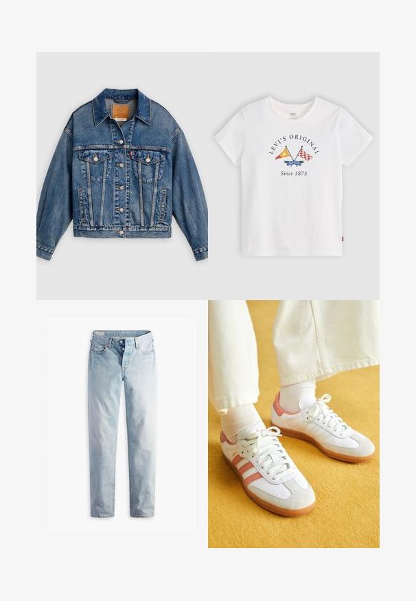 Blå denimjakke med knapper foran, to brystlommer med klap og knapper, sidelommer og en spids krave.; Hvid Levi's T-shirt med korte ærmer med korsede gule og røde flag og teksten "Levi's Original Since 1873" på frontens midte.; Lyseblå denimjeans med lige ben, fem lommer og metal-knapper i en standard livvidde.; Hvide sportsko med lyserøde accenter, lavet af ruskind og læder, rund tå og gummisål, vist med lyse sokker på en gul baggrund.