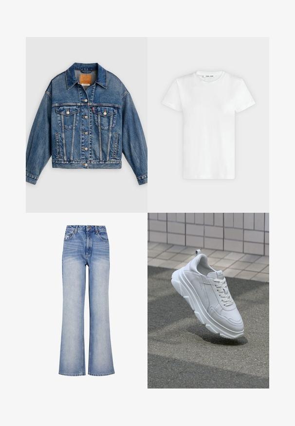 Blå denimjakke med knapper foran, to brystlommer med klap og knapper, sidelommer og en spids krave.; En simpel hvid T-shirt med korte ærmer og rund hals lagt fladt på en lys grå baggrund, hvor forsiden med label inde i halsen vises.; Lys blå denim bred-benede jeans har høj talje, knaplukning, diskret slidmærker og et klassisk fem-lomme design.; Hvide lædersneakers med en tyk, tekstureret gummisål, der har snørebåndslukning og syninger. Rund tå og design med ankelstøtte.
