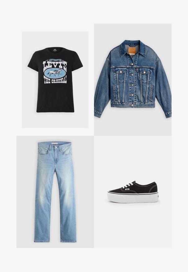Modrá rifľová bunda s gombíkmi vpredu, dvoma náprsnými vreckami so zipsom, bočnými vreckami a špicatým golierom.; Levi's® THE PERFECT TEE - Tričko s potlačou - black; Svetlomodré rifle s rovnými nohavicami, piatimi vreckami, zapínaním na gombíky a jemne vyblednutými detailmi na stehnách a kolenách.; Čierne plátenné tenisky s bielou gumovou platformou, s bielymi šnúrkami a stehmi, ikonickým logom na boku, nízkoprofilový dizajn.