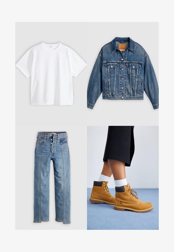 Veste en denim bleue avec fermeture à boutons, deux poches poitrine à rabat avec boutons, poches latérales et col pointu.; T-shirt en coton blanc à manches courtes, col rond, coupe décontractée, texture lisse, avec une petite étiquette logo sur la couture latérale gauche.; Jean en denim bleu clair avec une coupe droite, braguette à boutons, poches avant, surpiqûres visibles et panneaux latéraux contrastants.; Bottines en suede beige avec des accents en cuir marron, des œillets dorés et une semelle texturée. Chaussettes blanches visibles au-dessus des bottines.