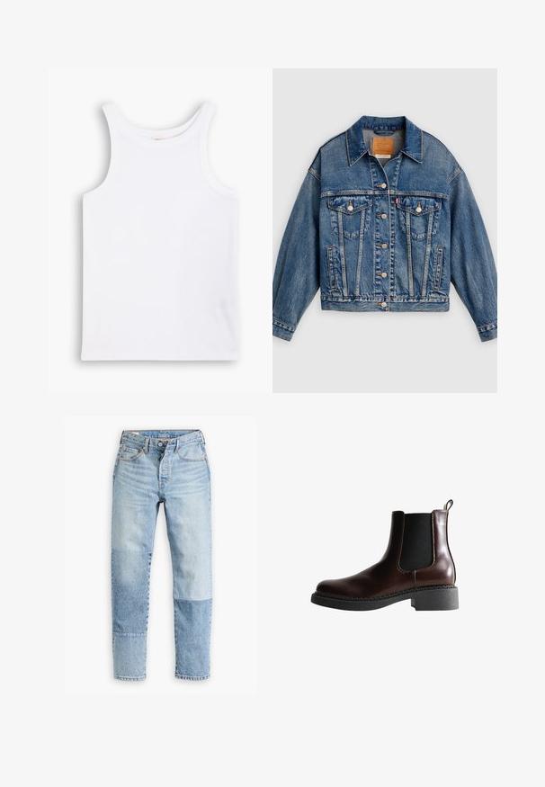 Blauwe spijkerjack met knoopsluiting aan de voorkant, twee borstflapzakken met knopen, zijzakken en een puntige kraag.; Witte katoenen tanktop met brede schouderbanden, een ronde halslijn en een gladde, geribbelde textuur. Geen patronen of accenten aanwezig.; Lichtblauwe denim jeans met een uniek paneelontwerp in verschillende tinten en texturen. Klassiek vijf-pocket model met een ritssluiting.; Bruine leren enkelboot met elastische zijpanelen, ronde neus en een gestructureerde zwarte rubberen zool. Heeft contrasterende stiksels en een lusje aan de achterkant.