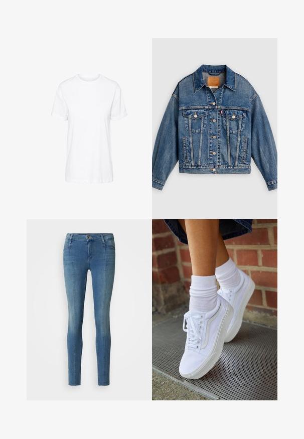 Blauwe spijkerjack met knoopsluiting aan de voorkant, twee borstflapzakken met knopen, zijzakken en een puntige kraag.; Witte katoenen T-shirt met korte mouwen, een ronde hals en een relaxte pasvorm, met een gladde textuur en zonder zichtbare patronen.; Skinny jeans in lichtblauwe denim. Voorzien van een sluiting met een knoop en rits aan de voorkant, met contrasterende stiksels en een gladde textuur.; Witte canvas sneakers met rubberen zolen, voorzien van zes vetertjes, een ronde neus en lichte stikdetails, gecombineerd met witte enkelsokken.