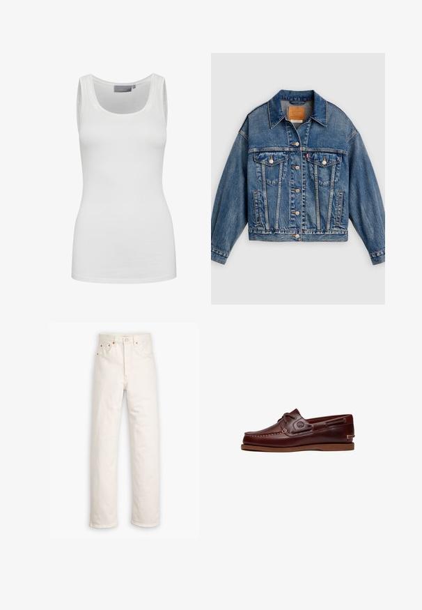 Veste en denim bleue avec fermeture à boutons, deux poches poitrine à rabat avec boutons, poches latérales et col pointu.; Débardeur blanc en tissu doux et extensible avec un col rond et des bretelles étroites. Caractéristiques d'une texture lisse et d'une coupe ajustée.; Jeans en denim blanc avec un design à jambe droite, style cinq poches et accents en métal cuivré. Finition effilochée au niveau des chevilles.; Chaussure bateau en cuir marron avec lacets, détails de couture et logo Timberland sur le côté, présentée sur un fond blanc.