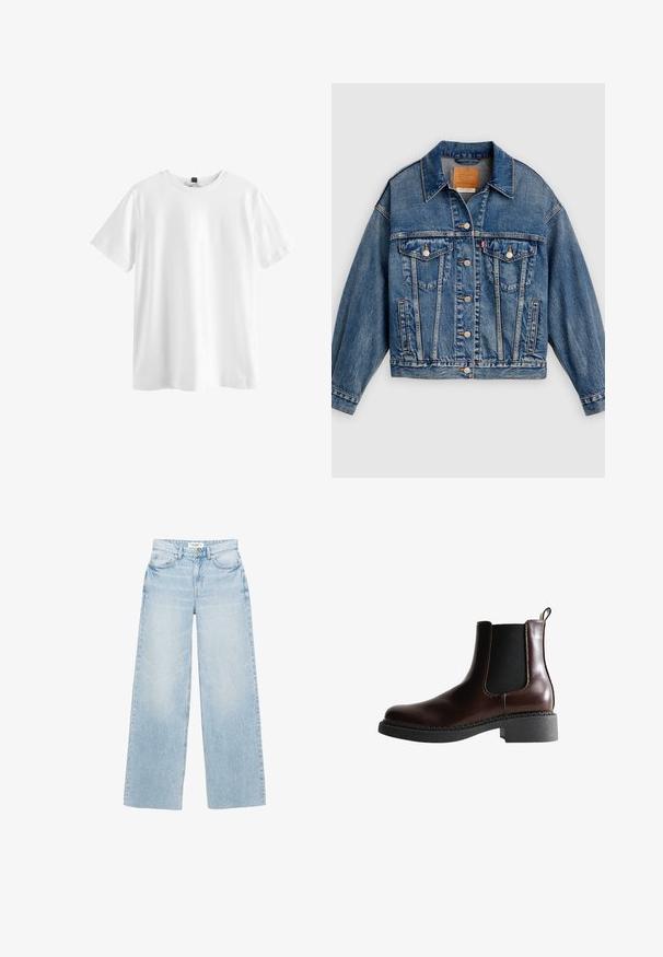 Blauwe spijkerjack met knoopsluiting aan de voorkant, twee borstflapzakken met knopen, zijzakken en een puntige kraag.; Effen wit T-shirt met korte mouwen en ronde hals met een zwart label aan de binnenkant van de kraag, plat weergegeven op een witte achtergrond.; Lichtgewassen, wijd uitlopende jeans van denim. Heeft een hoge taille, vijf zakken en een ritssluiting met knoopsluiting. Licht beschadigde textuur.; Bruine leren enkelboot met elastische zijpanelen, ronde neus en een gestructureerde zwarte rubberen zool. Heeft contrasterende stiksels en een lusje aan de achterkant.